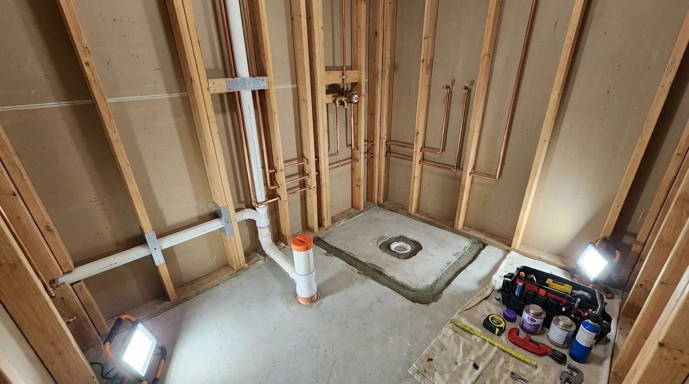 Bathroom rough-in plumbing during remodel by Johns Plumbing LLC in Atlantic Highlands