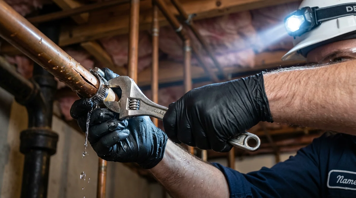 Emergency pipe clamp repair being performed by a Johns Plumbing LLC plumber in Atlantic Highlands