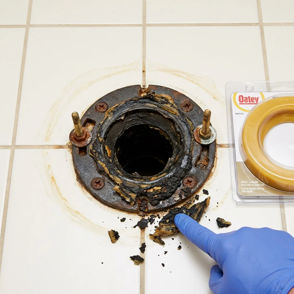 Failed wax ring showing water seepage at the base of a toilet in a Atlantic Highlands, NJ home