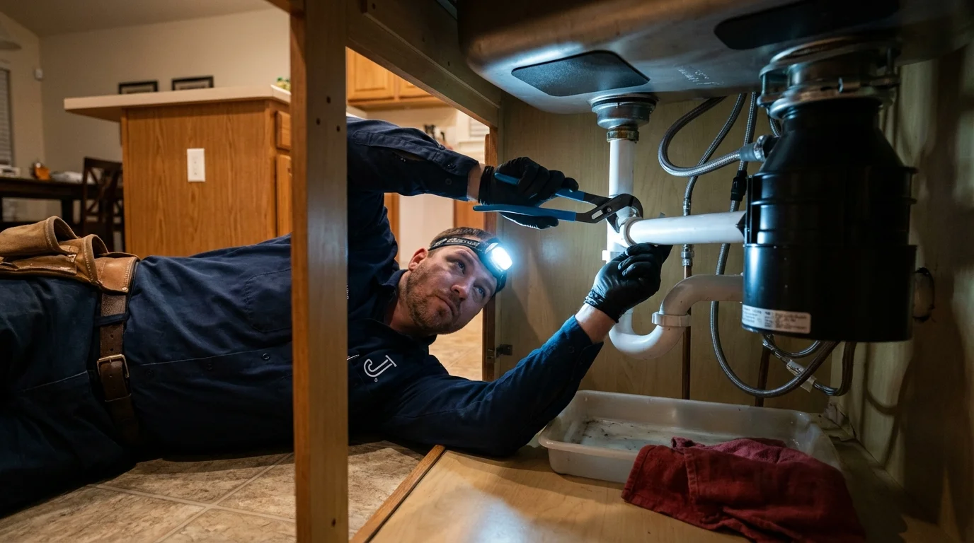 P-trap and supply line connections under a kitchen sink showing a common leak point in Atlantic Highlands, NJ